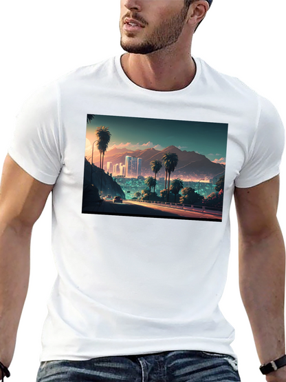 Cityscape Palm Tree Graphic Black T-Shirt
