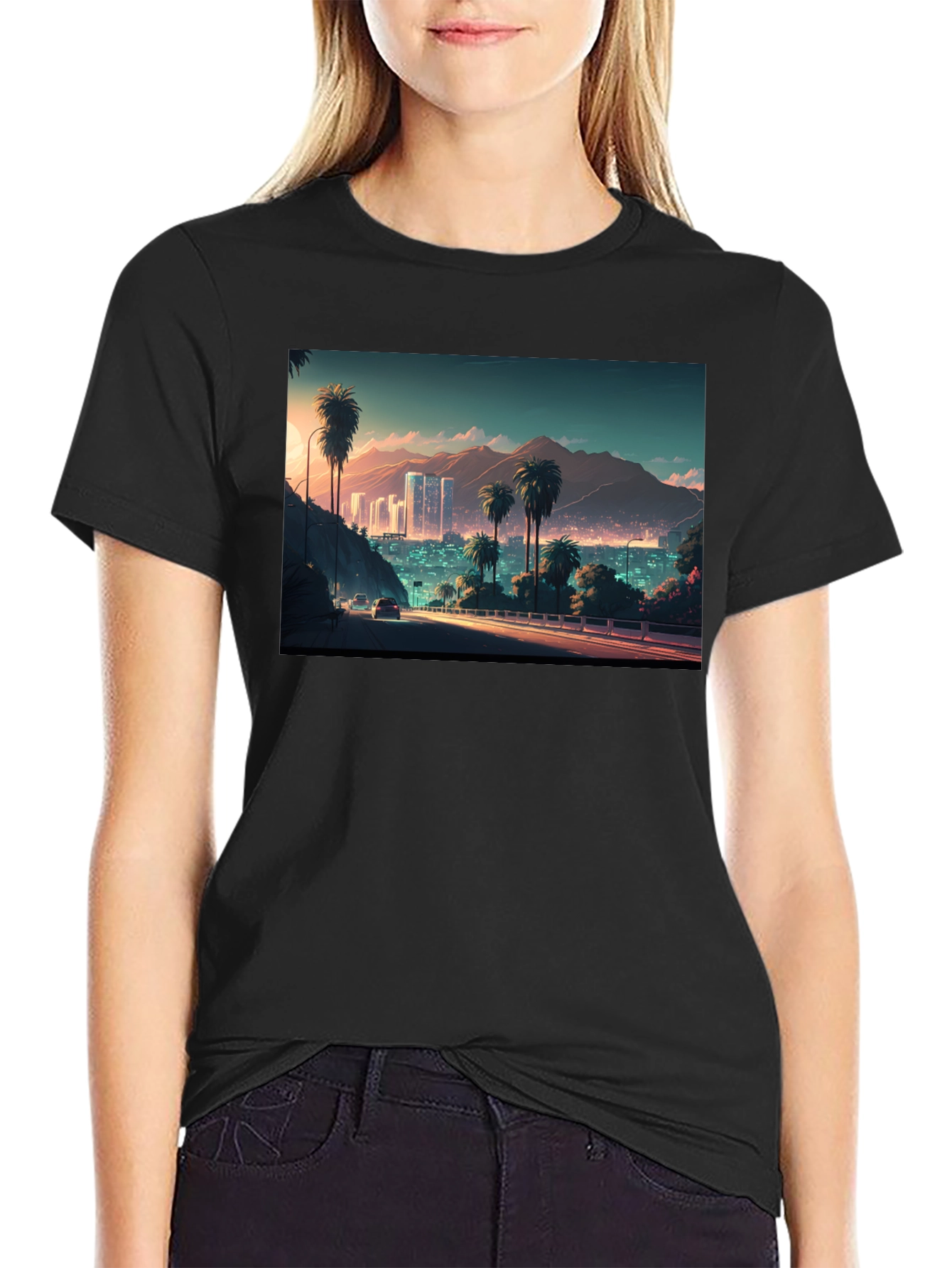 Cityscape Palm Tree Graphic Black T-Shirt
