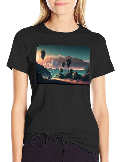 Cityscape Palm Tree Graphic Black T-Shirt