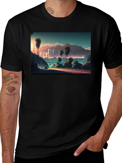 Cityscape Palm Tree Graphic Black T-Shirt