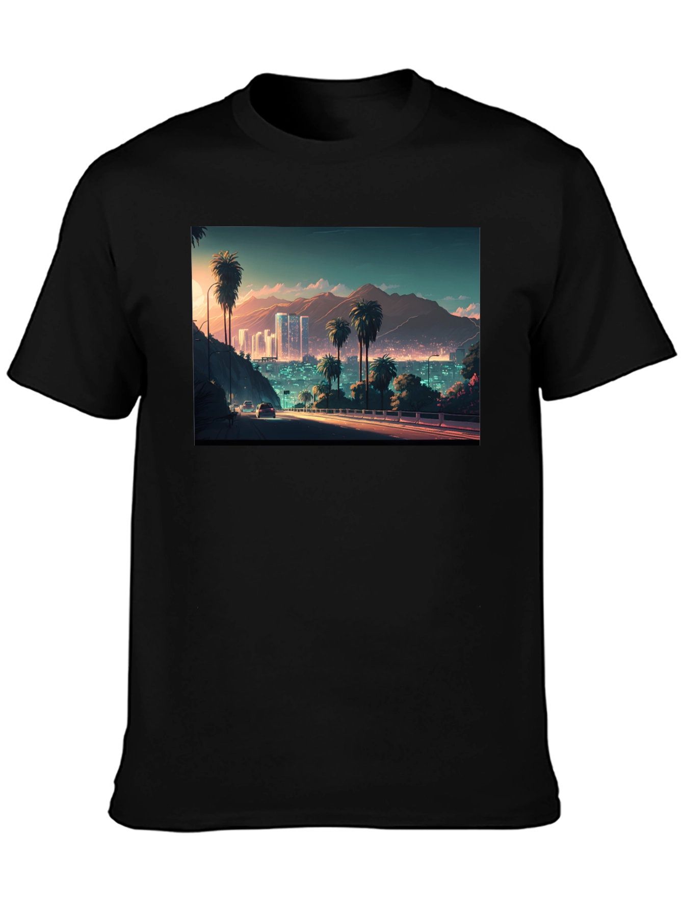 Cityscape Palm Tree Graphic Black T-Shirt