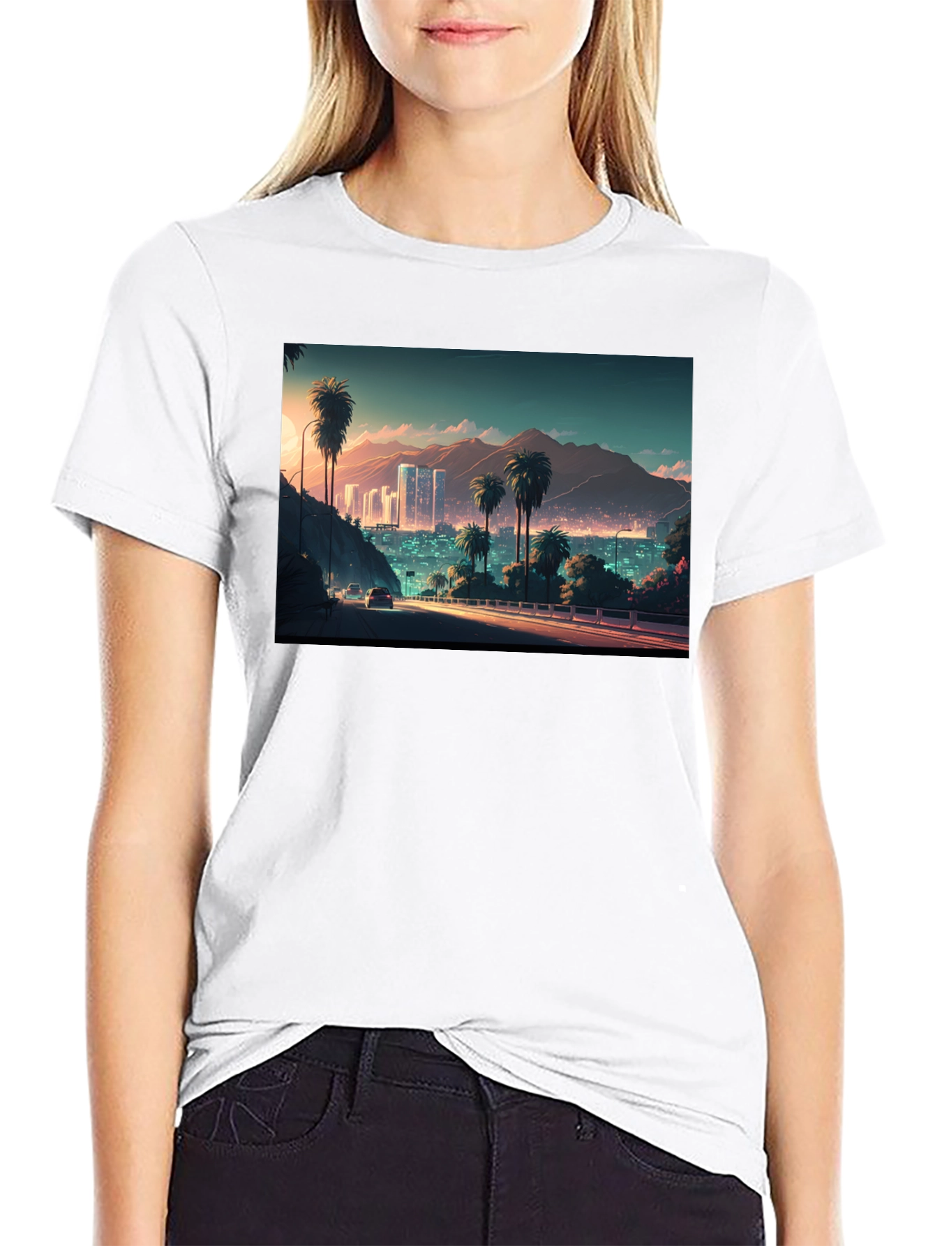 Cityscape Palm Tree Graphic Black T-Shirt