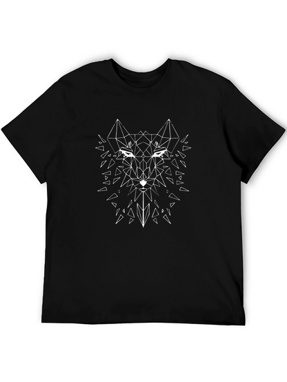 Geometric Wolf Graphic Print Black T-Shirt