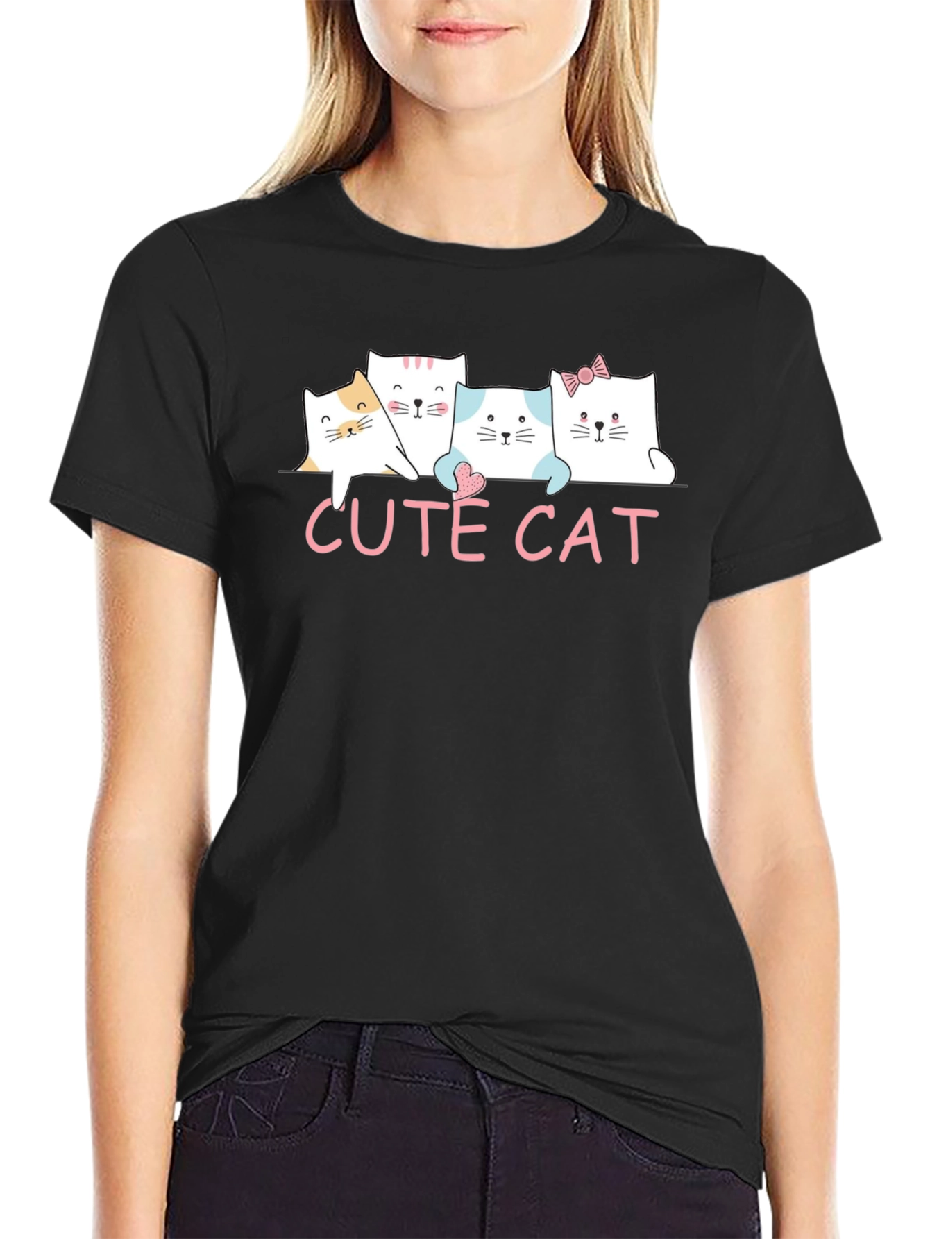 Cute Cat Graphic Print Black T-Shirt