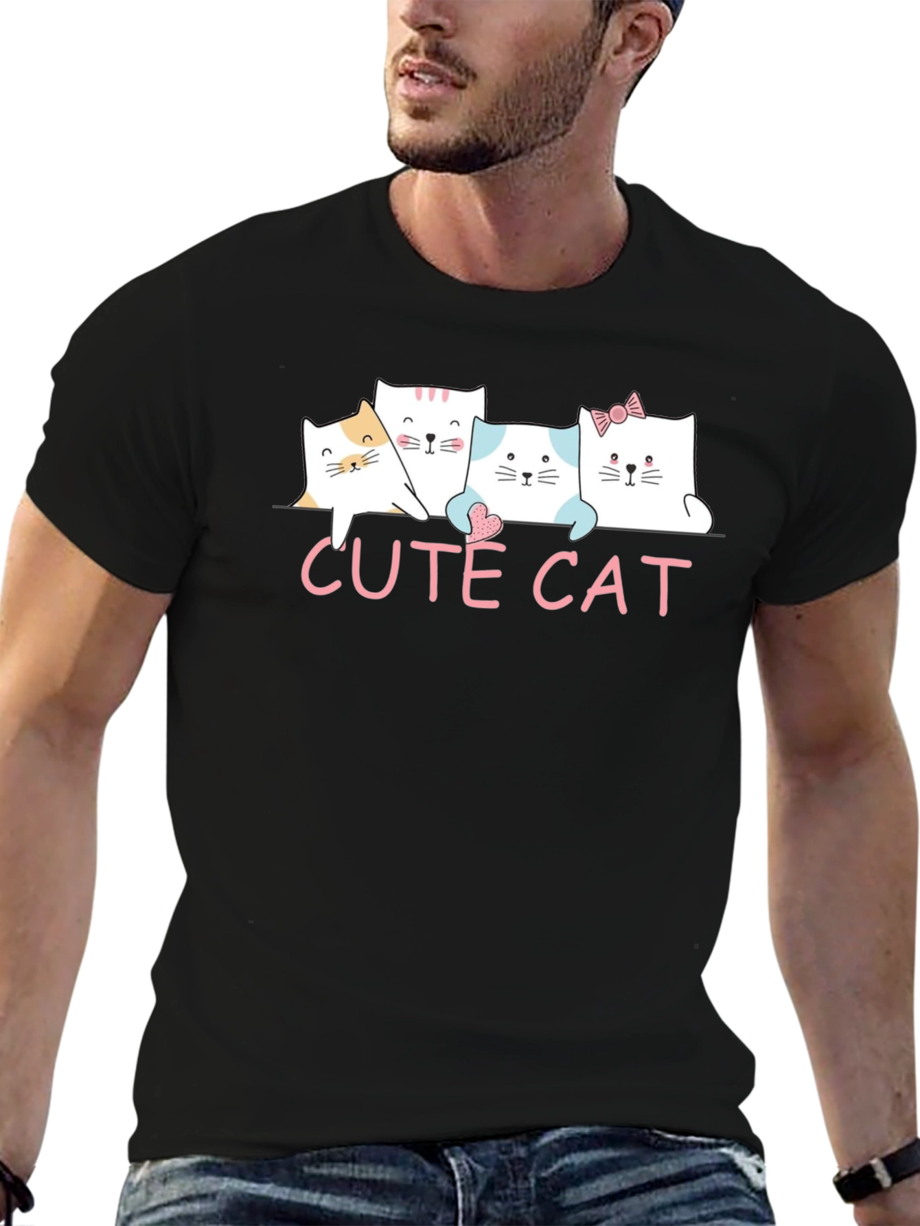 Cute Cat Graphic Print Black T-Shirt