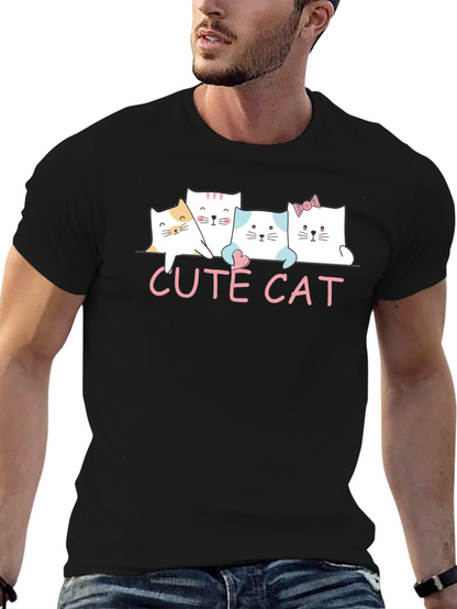 Cute Cat Graphic Print Black T-Shirt