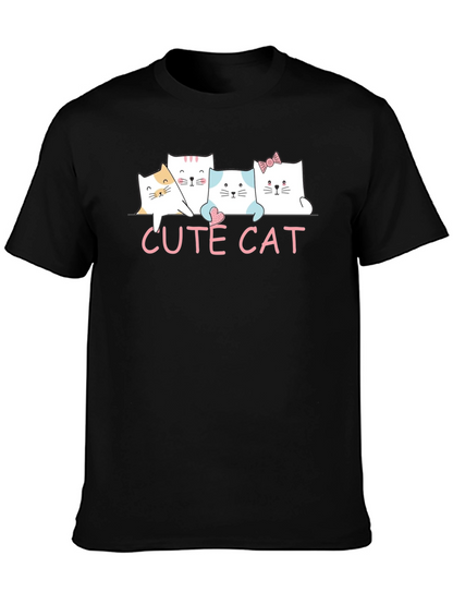 Cute Cat Graphic Print Black T-Shirt