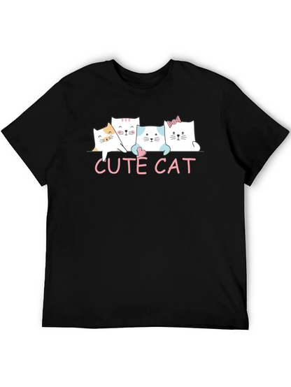 Cute Cat Graphic Print Black T-Shirt