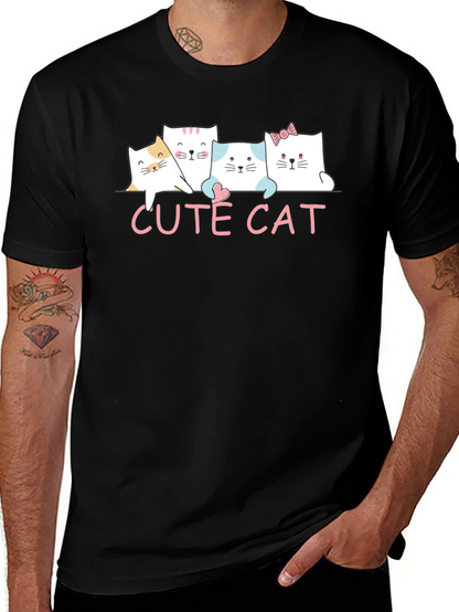 Cute Cat Graphic Print Black T-Shirt
