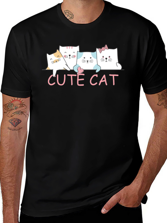 Cute Cat Graphic Print Black T-Shirt