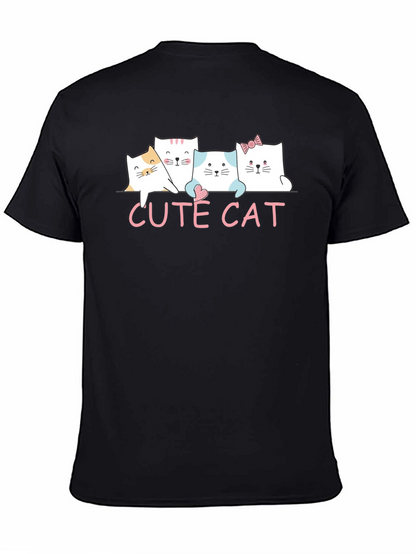 Cute Cat Graphic Print Black T-Shirt