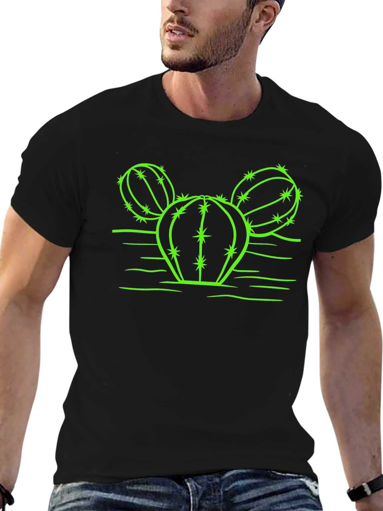 Cactus Graphic T-Shirt - Neon Green Design on Black