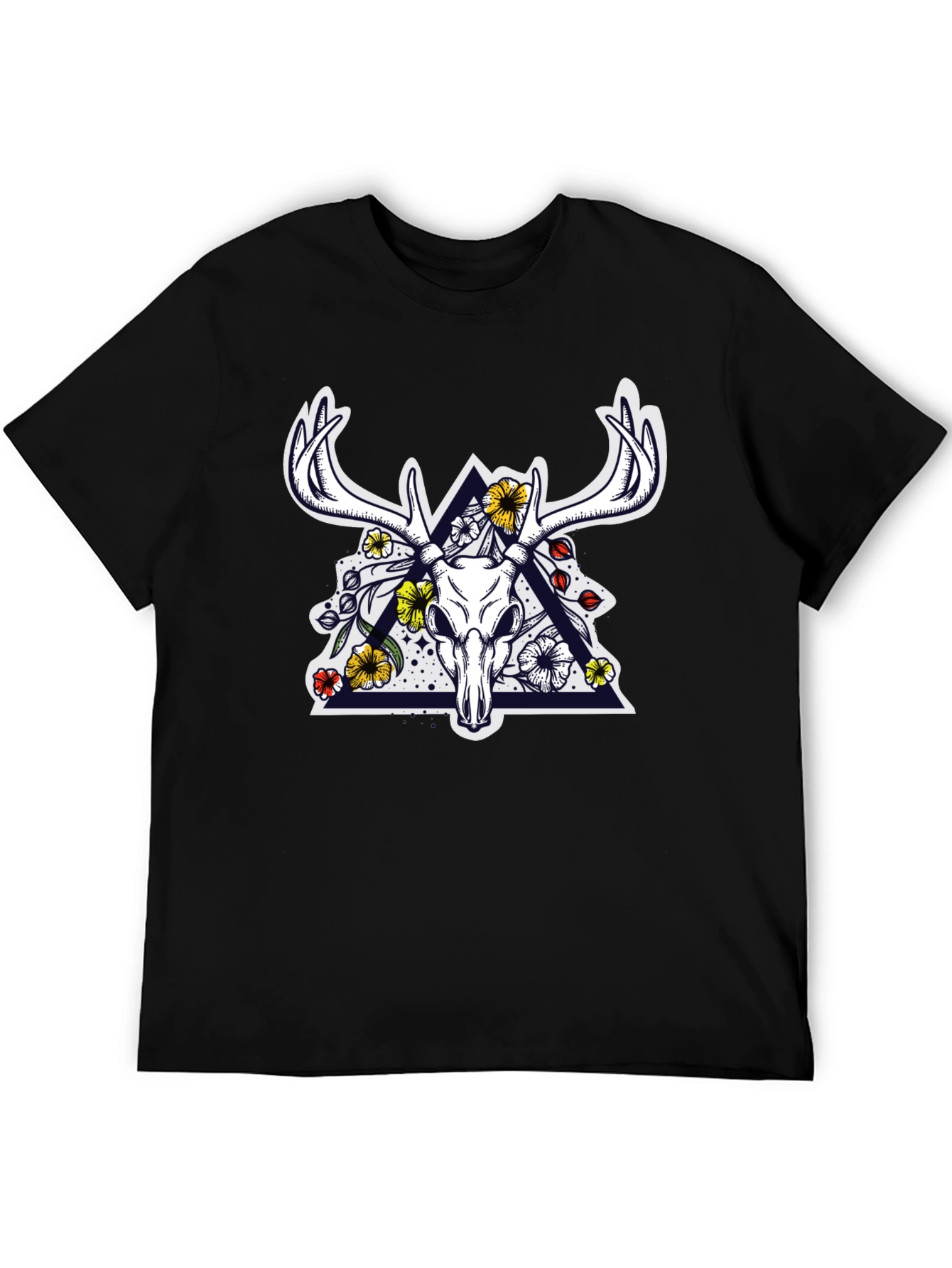 Deer Skull Floral Triangle Graphic T-Shirt