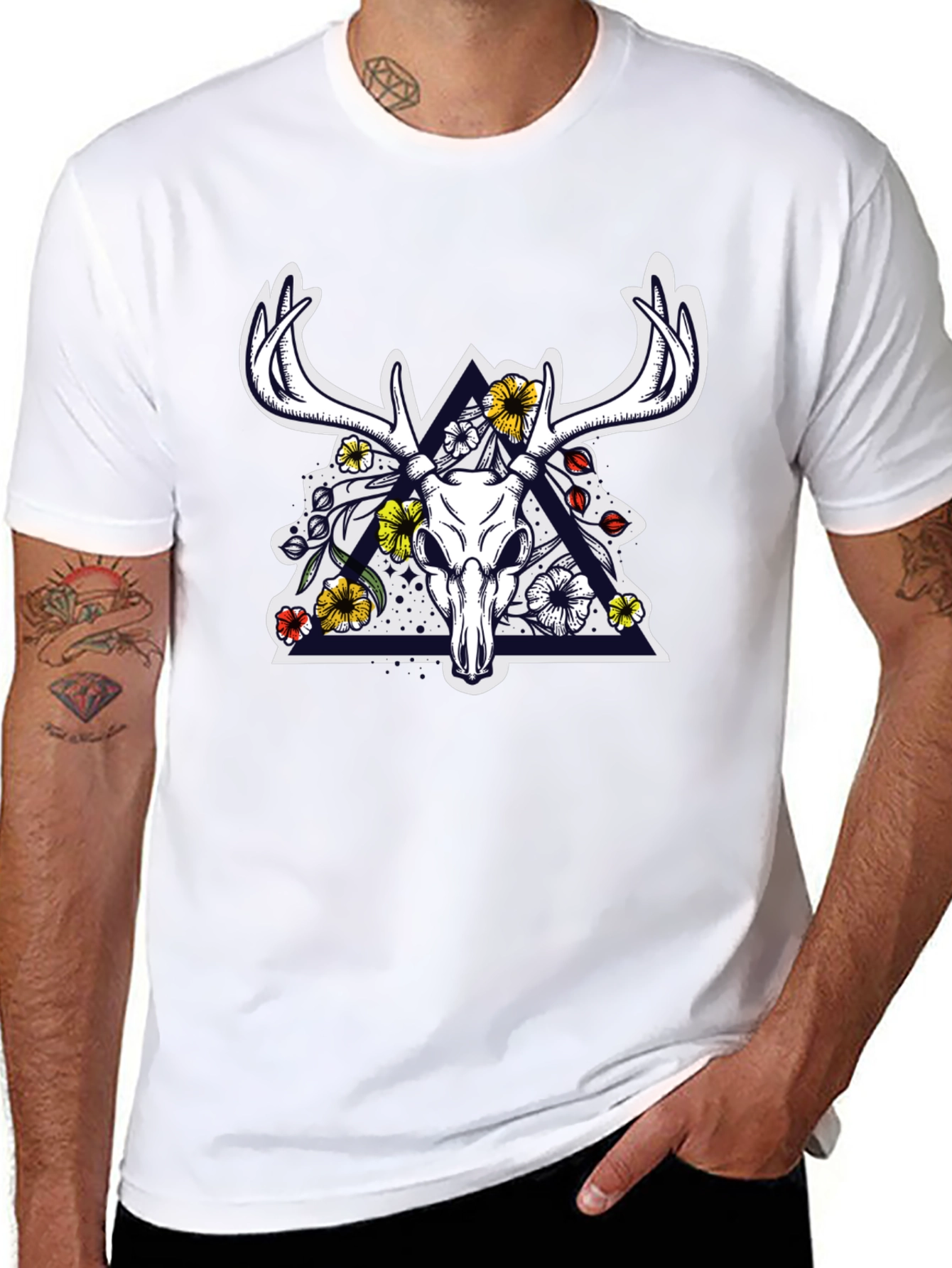 Deer Skull Floral Triangle Graphic T-Shirt