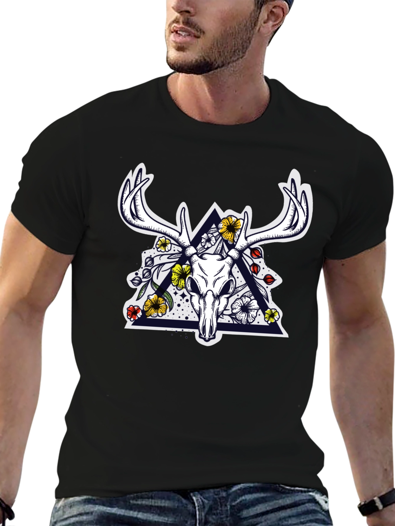 Deer Skull Floral Triangle Graphic T-Shirt