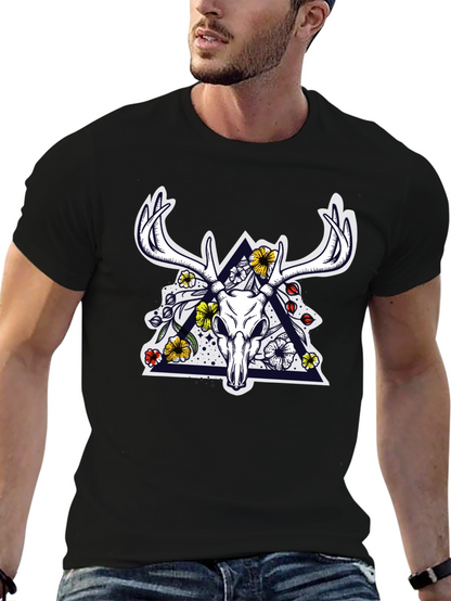 Deer Skull Floral Triangle Graphic T-Shirt