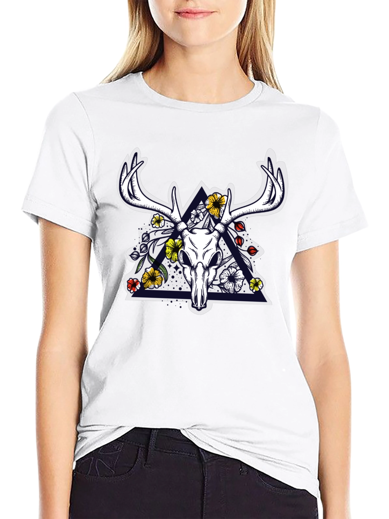 Deer Skull Floral Triangle Graphic T-Shirt
