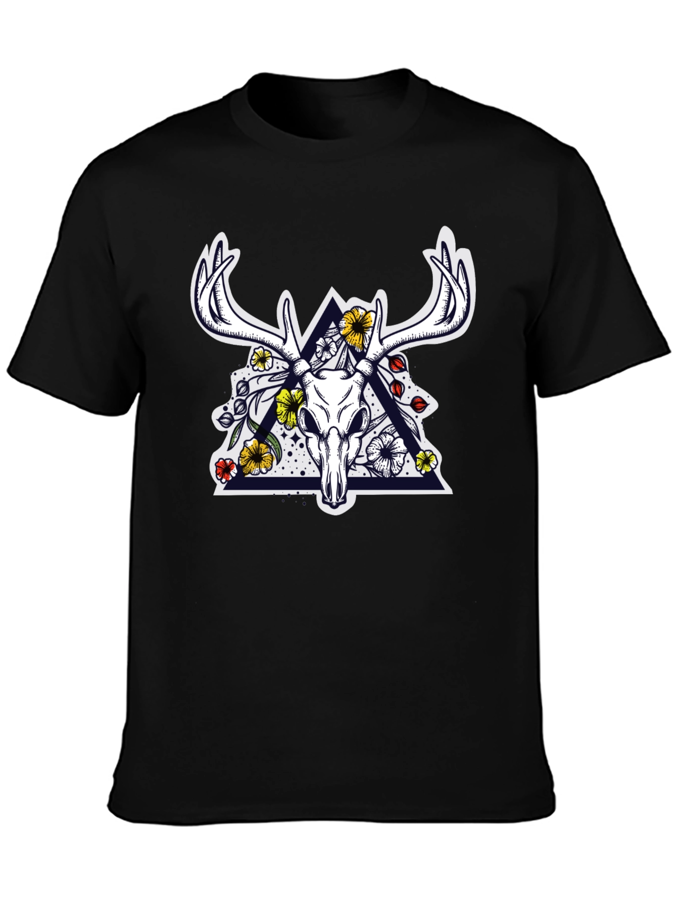 Deer Skull Floral Triangle Graphic T-Shirt