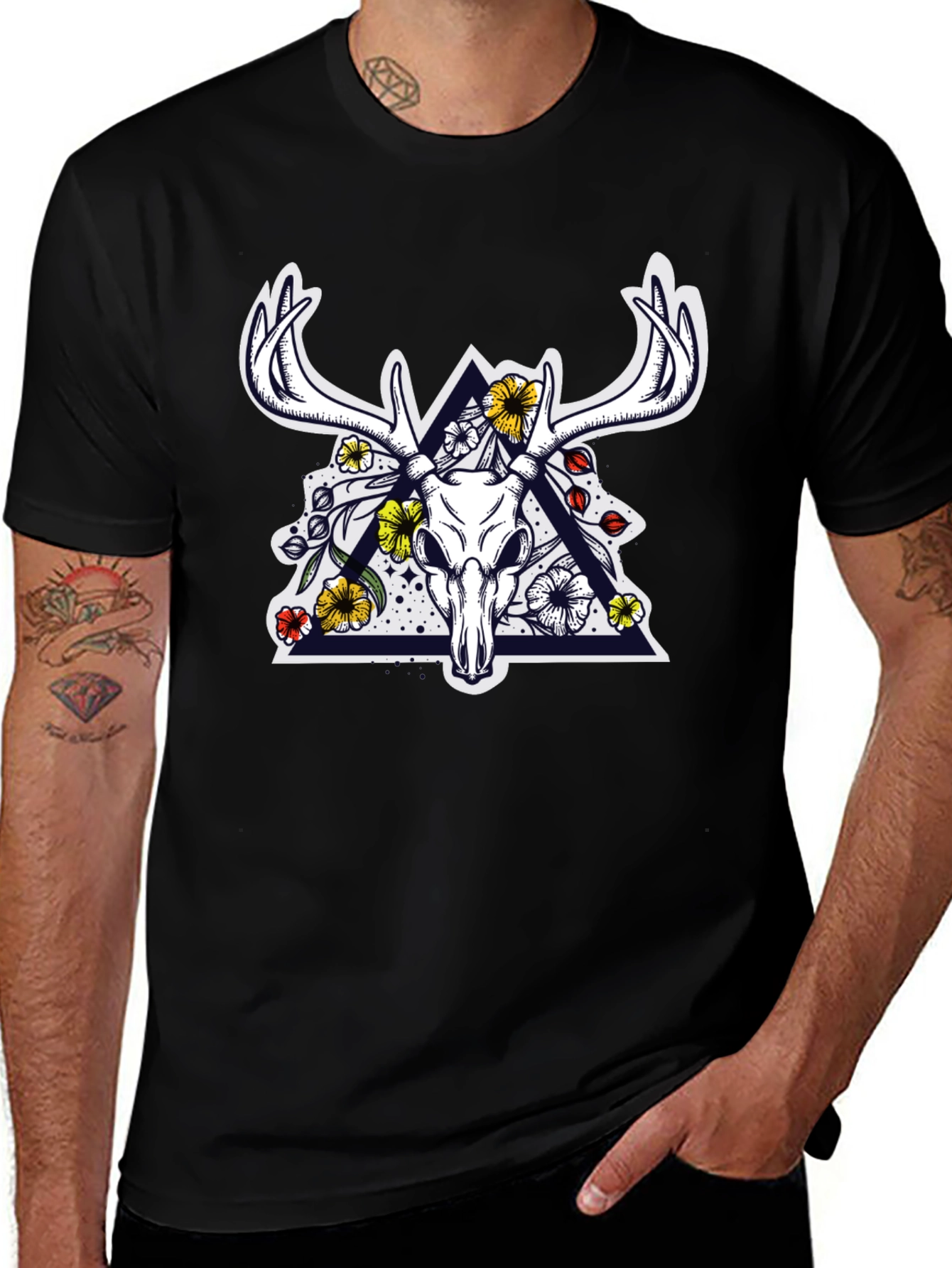 Deer Skull Floral Triangle Graphic T-Shirt