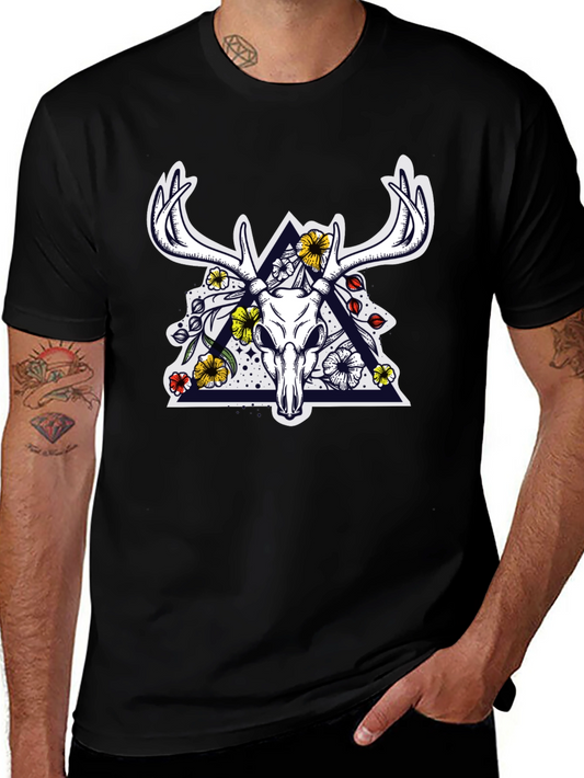 Deer Skull Floral Triangle Graphic T-Shirt