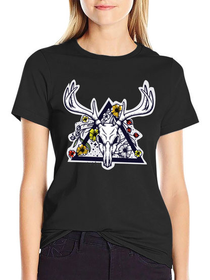 Deer Skull Floral Triangle Graphic T-Shirt