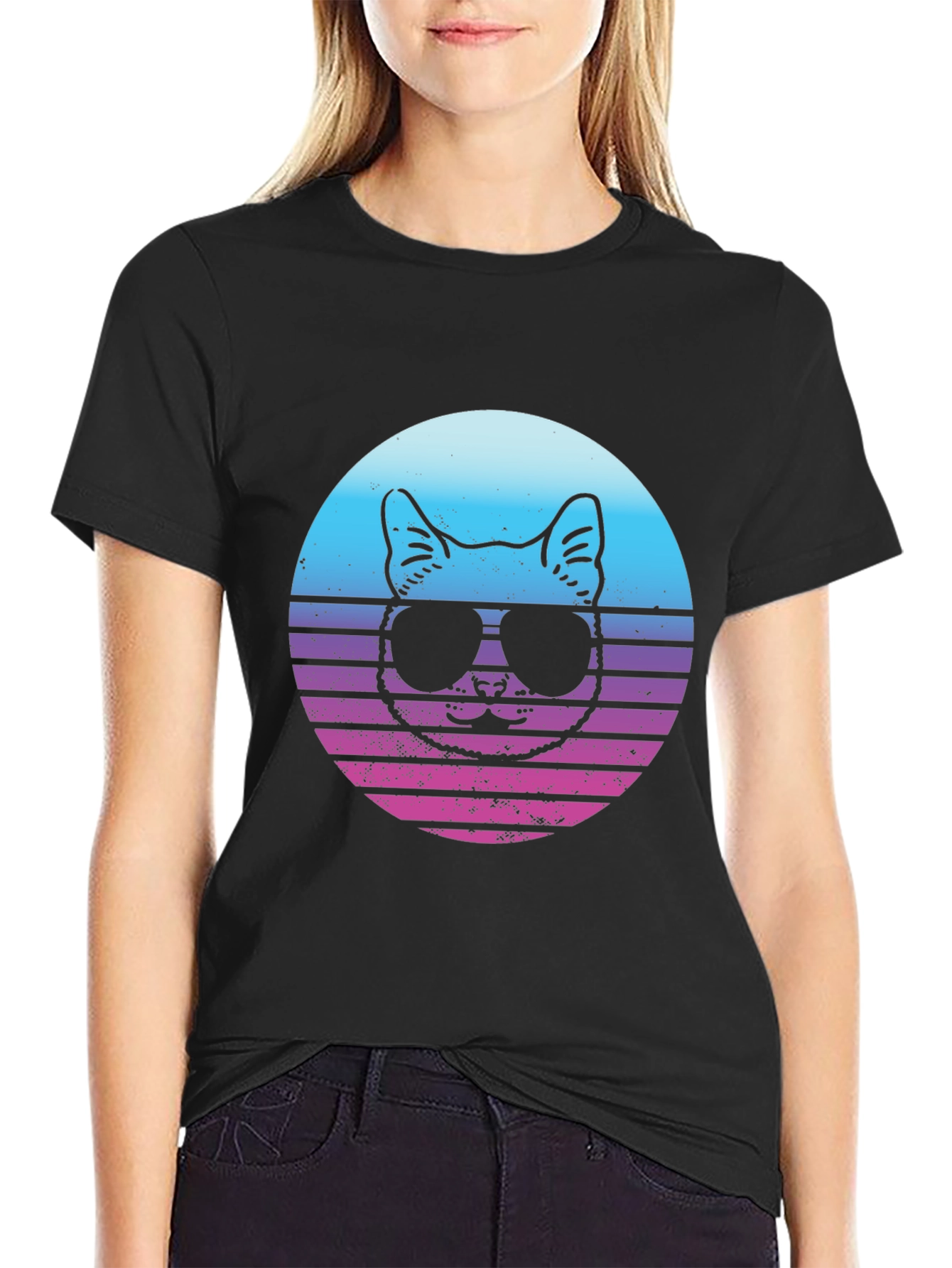 Cool Cat Retro Sunset Graphic T-Shirt