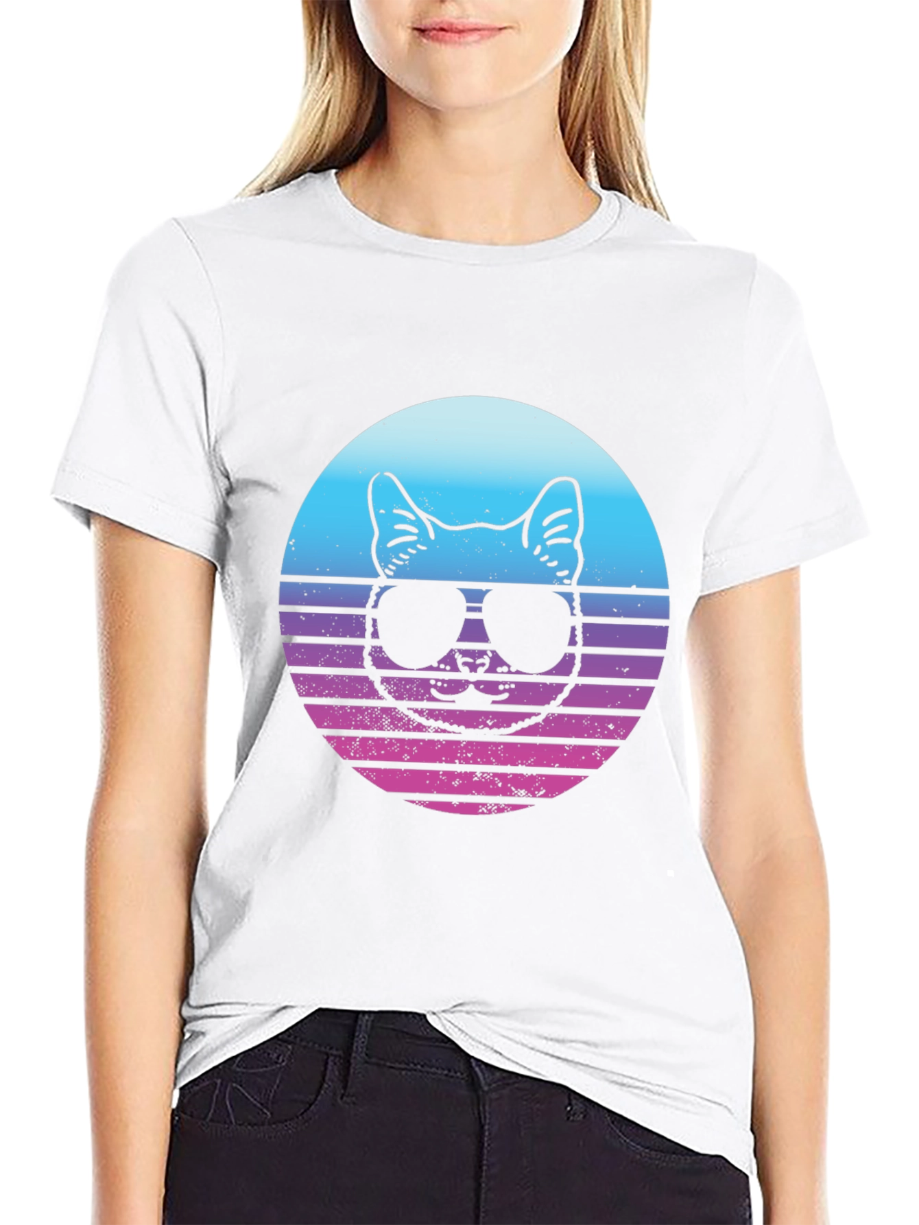 Cool Cat Retro Sunset Graphic T-Shirt