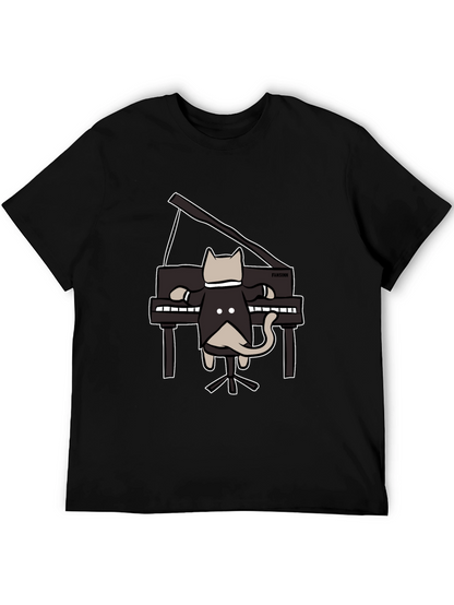 Cat Playing Piano Black T-Shirt