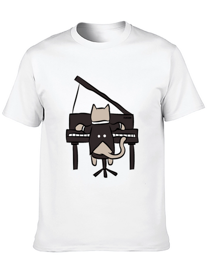 Cat Playing Piano Black T-Shirt