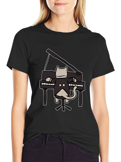 Cat Playing Piano Black T-Shirt