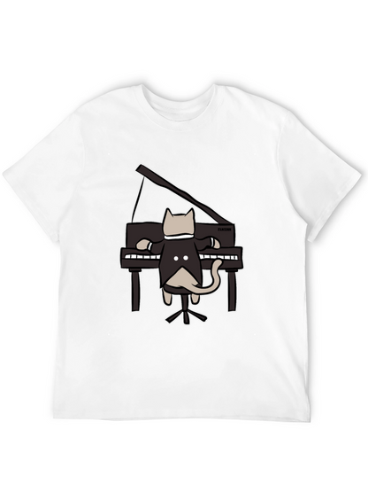 Cat Playing Piano Black T-Shirt