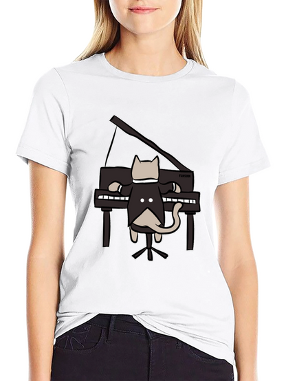 Cat Playing Piano Black T-Shirt