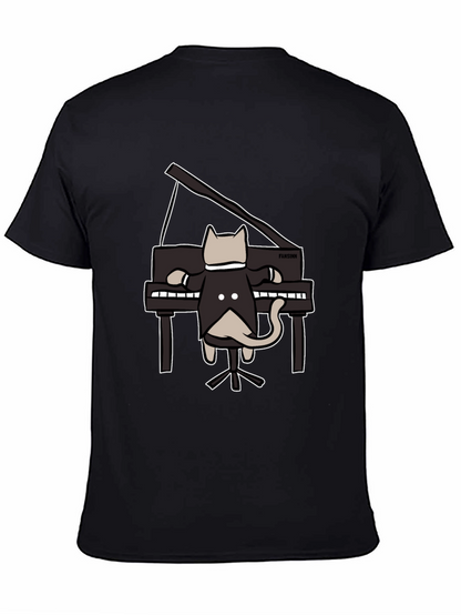 Cat Playing Piano Black T-Shirt