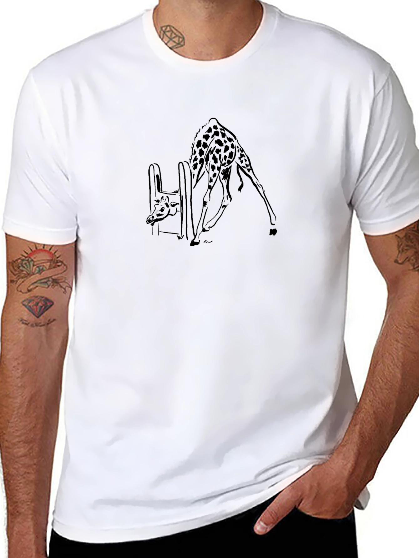 Giraffe Drinking Black T-Shirt
