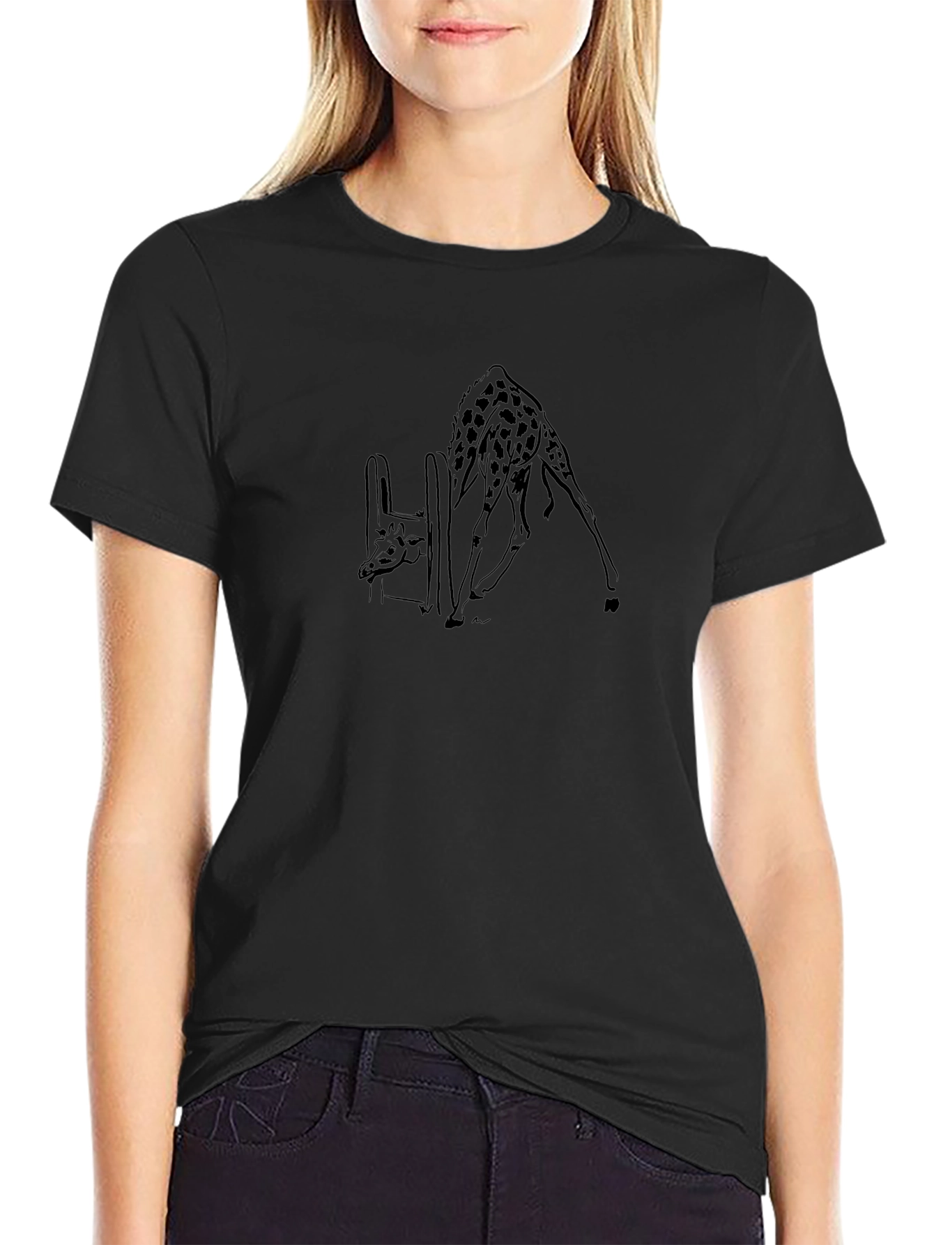 Giraffe Drinking Black T-Shirt