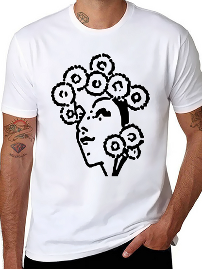 Abstract Face Print T-Shirt - Casual Black Tee