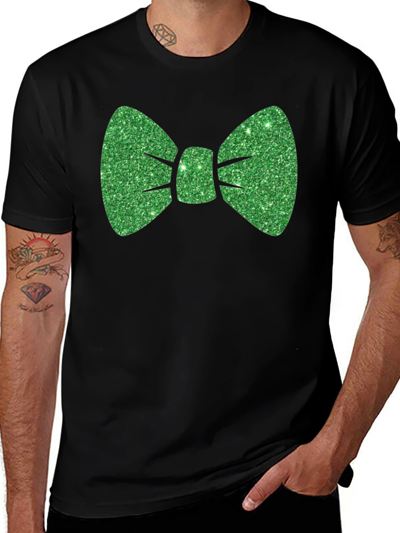 Green Glitter Bow Tie Black T-Shirt