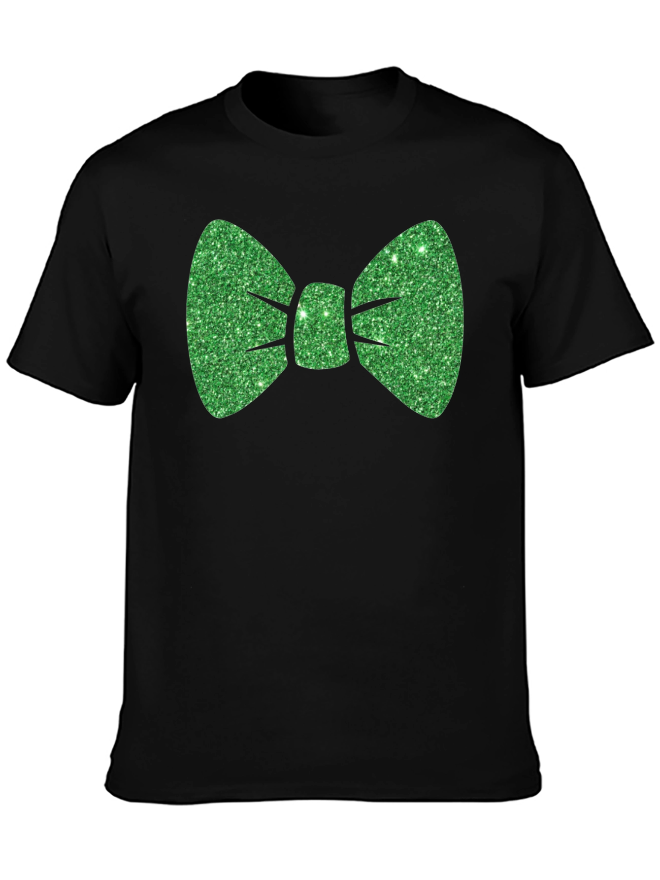 Green Glitter Bow Tie Black T-Shirt