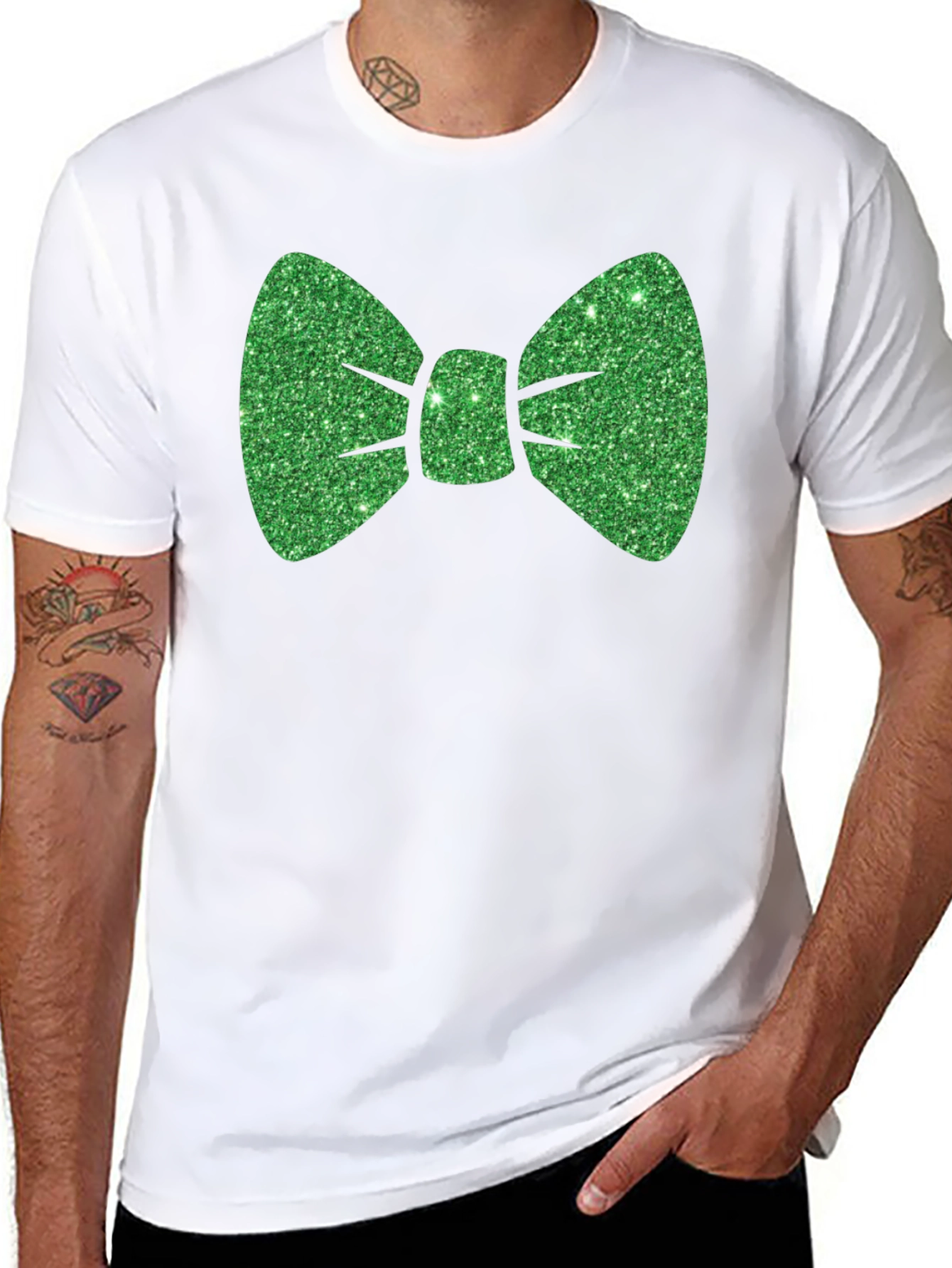 Green Glitter Bow Tie Black T-Shirt
