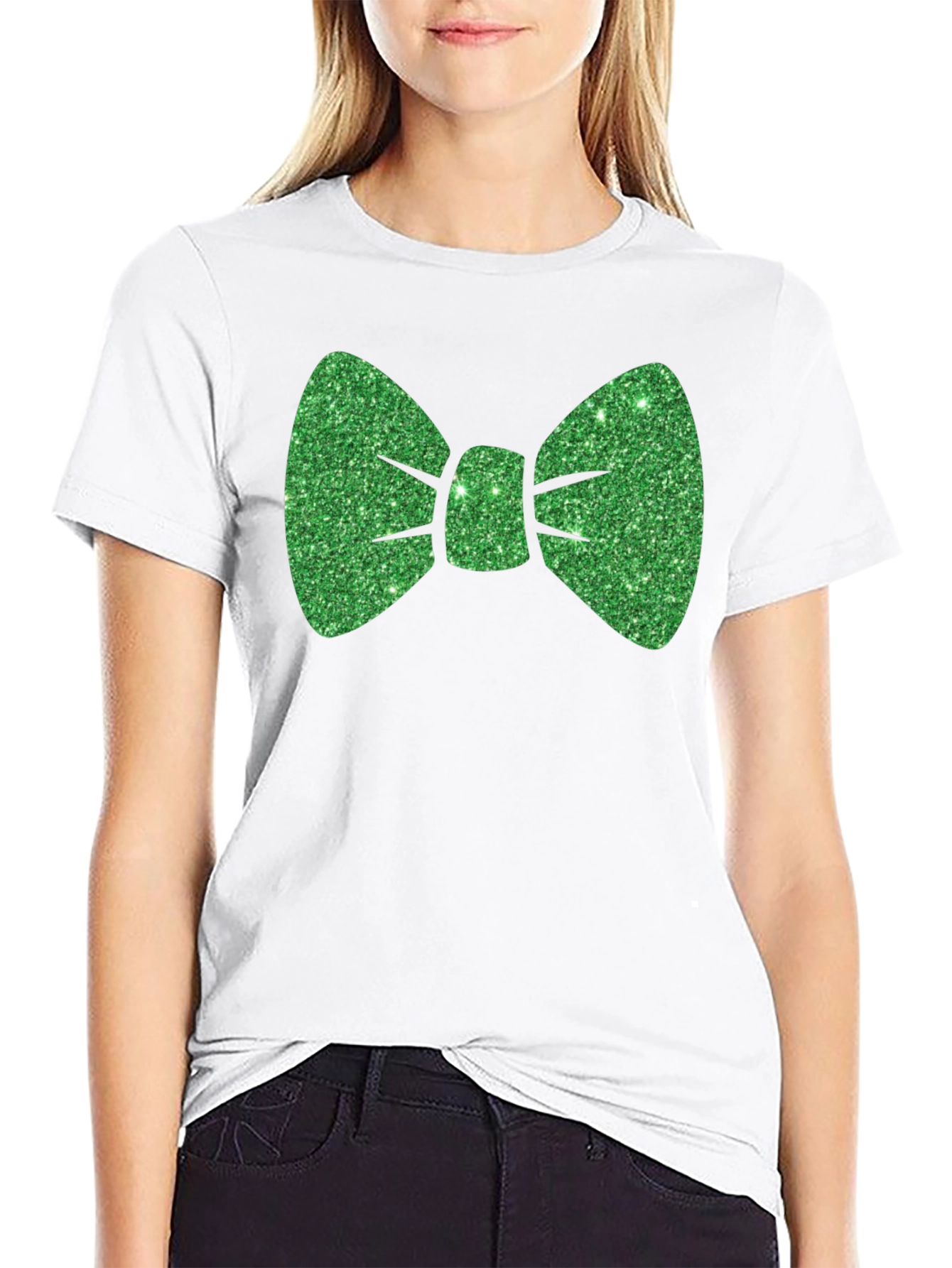 Green Glitter Bow Tie Black T-Shirt