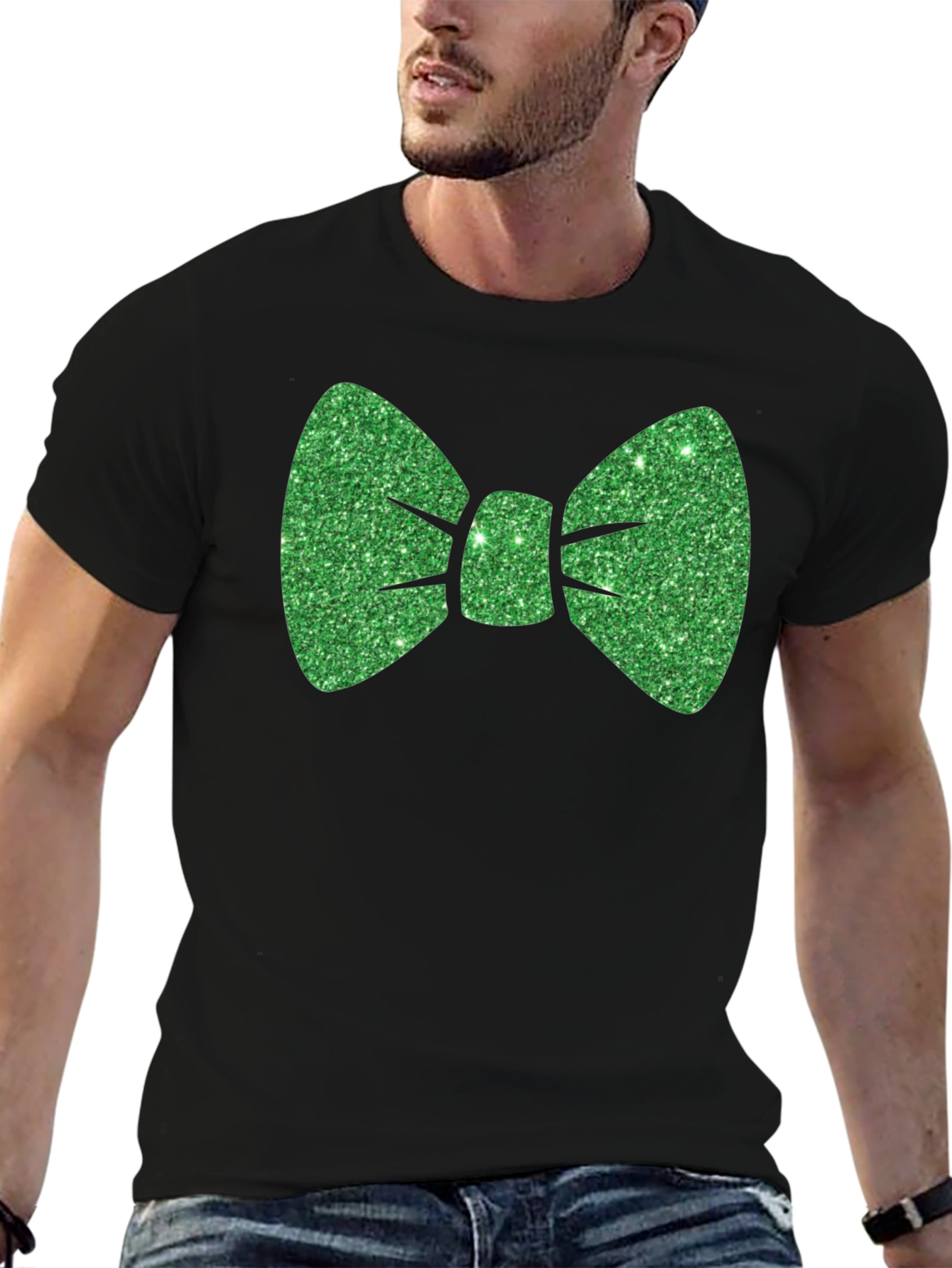 Green Glitter Bow Tie Black T-Shirt