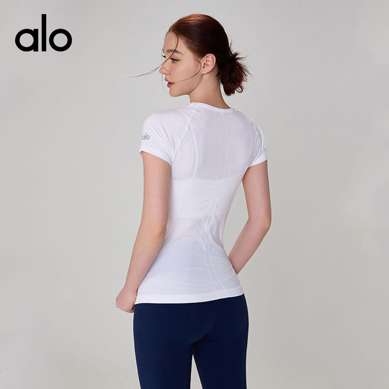 Alo Yoga Nude Feel Slim-fit Sports Fitness Short Sleeve, Waist-tight Thin Yoga Top