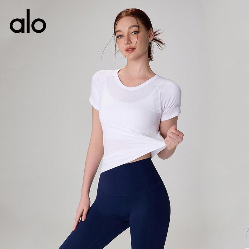 Alo Yoga Nude Feel Slim-fit Sports Fitness Short Sleeve, Waist-tight Thin Yoga Top