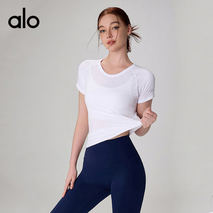 Alo Yoga Nude Feel Slim-fit Sports Fitness Short Sleeve, Waist-tight Thin Yoga Top