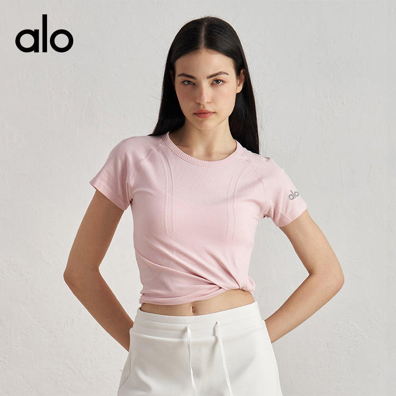 Alo Yoga Nude Feel Slim-fit Sports Fitness Short Sleeve, Waist-tight Thin Yoga Top