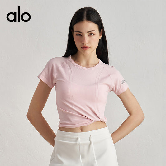 Alo Yoga Nude Feel Slim-fit Sports Fitness Short Sleeve, Waist-tight Thin Yoga Top