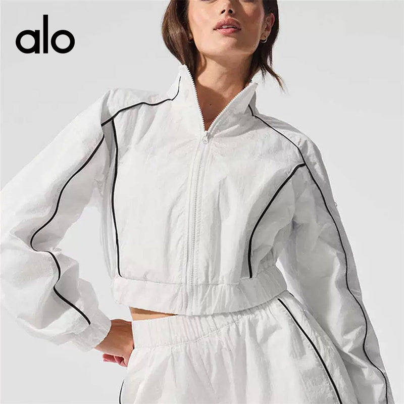 Aloyoga Casual Contrasting Color Stripes Sports Sunscreen Top and Elastic Waist Shorts Set