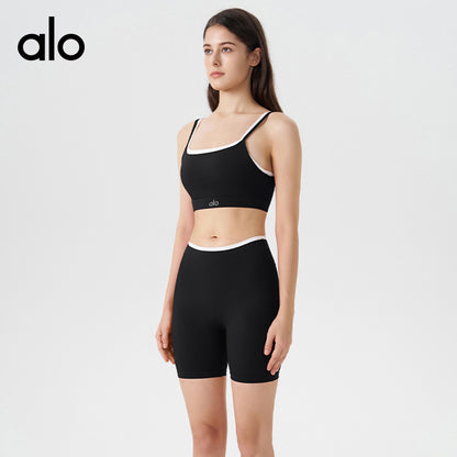 Alo Yoga Bare Sensation Contrasting Color Striped Sports Bra Tight Three-Piece Shorts Yoga Set