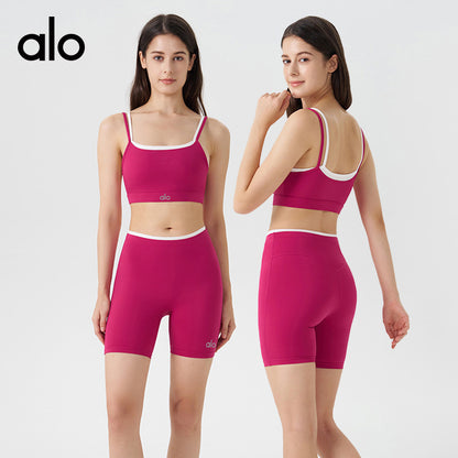 Alo Yoga Bare Sensation Contrasting Color Striped Sports Bra Tight Three-Piece Shorts Yoga Set