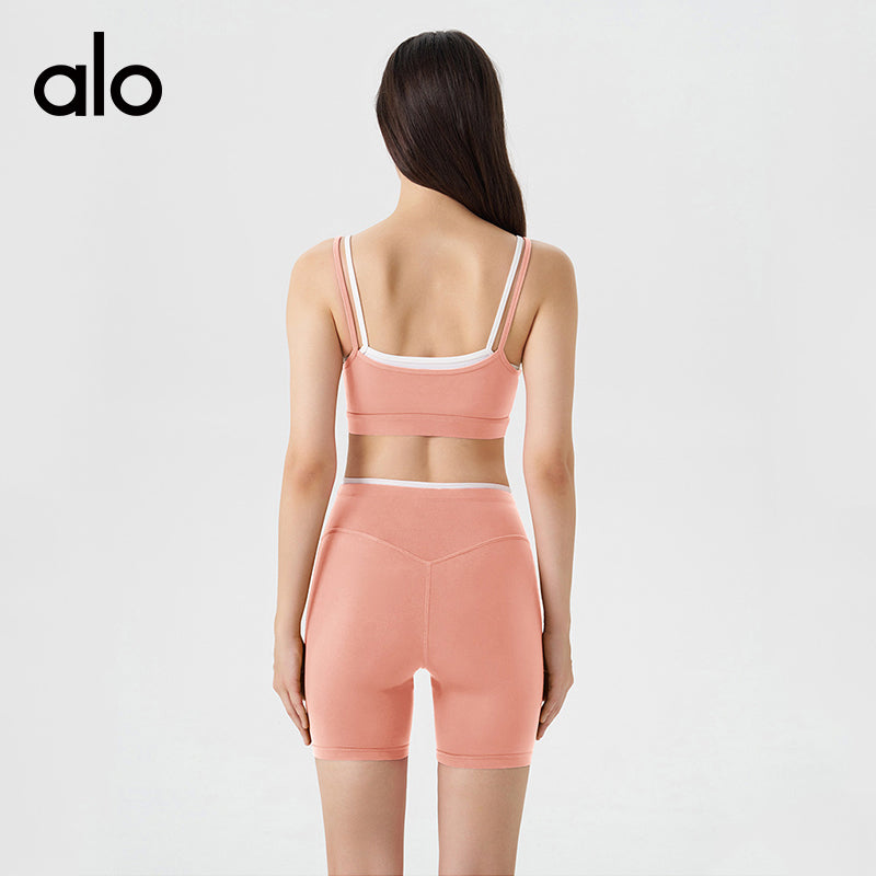 Alo Yoga Bare Sensation Contrasting Color Striped Sports Bra Tight Three-Piece Shorts Yoga Set
